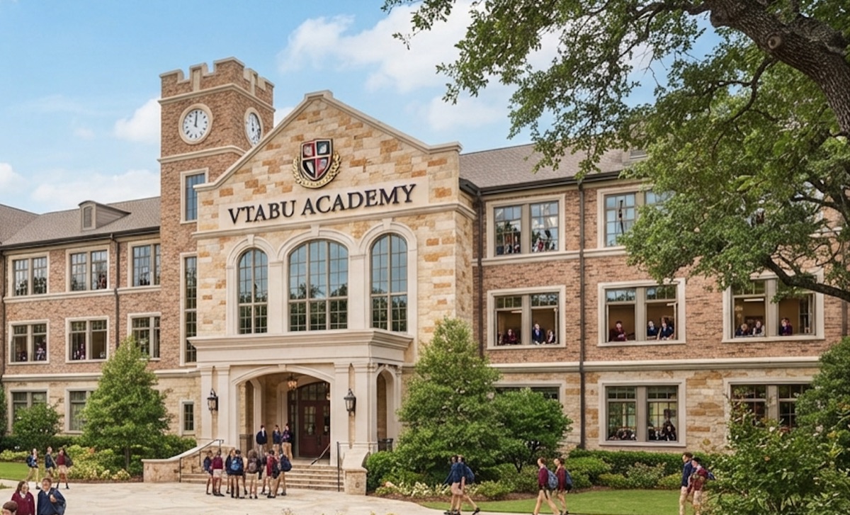 Vtabu Academy school building with students